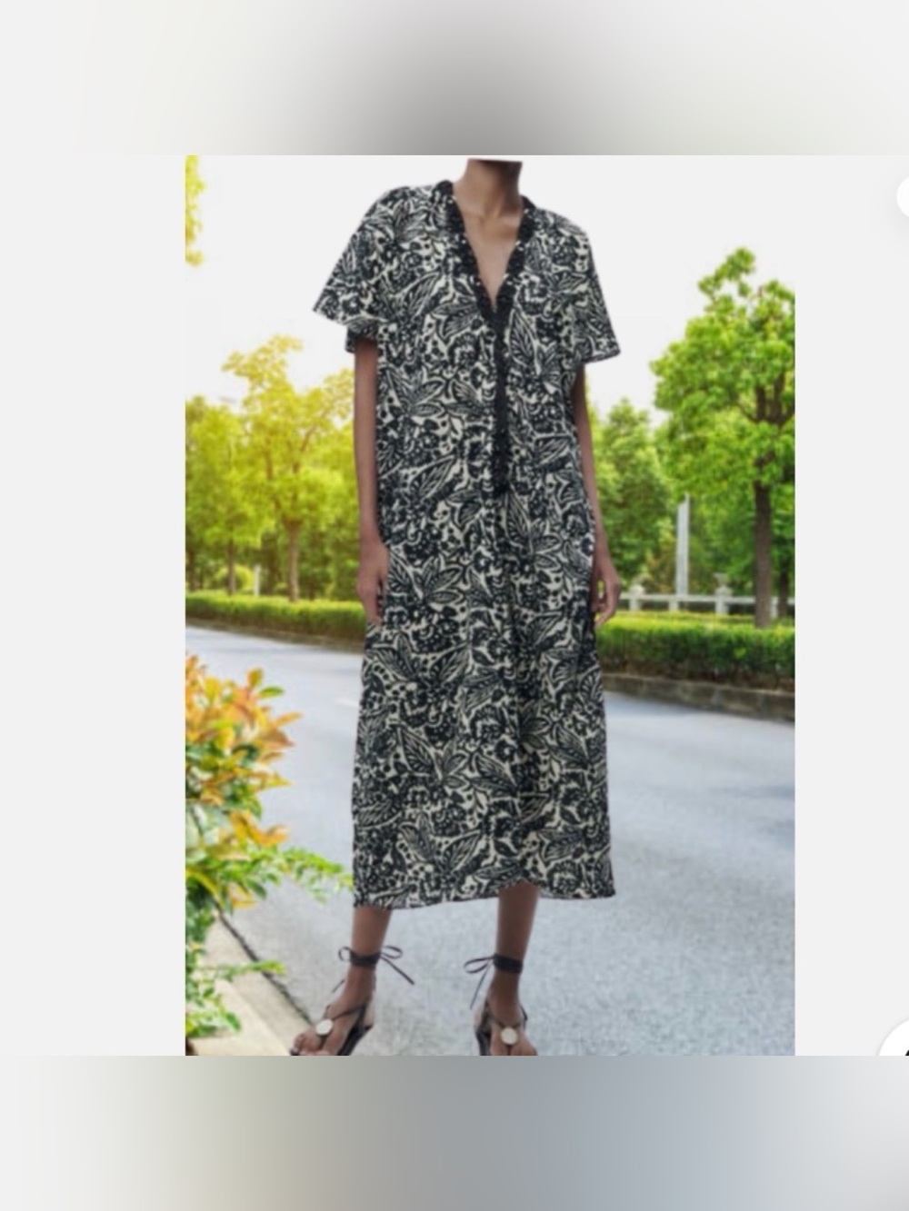 Zara Black & White Botanical Print 100% Cotton Maxi Dress Crochet Trim Boho Sz S